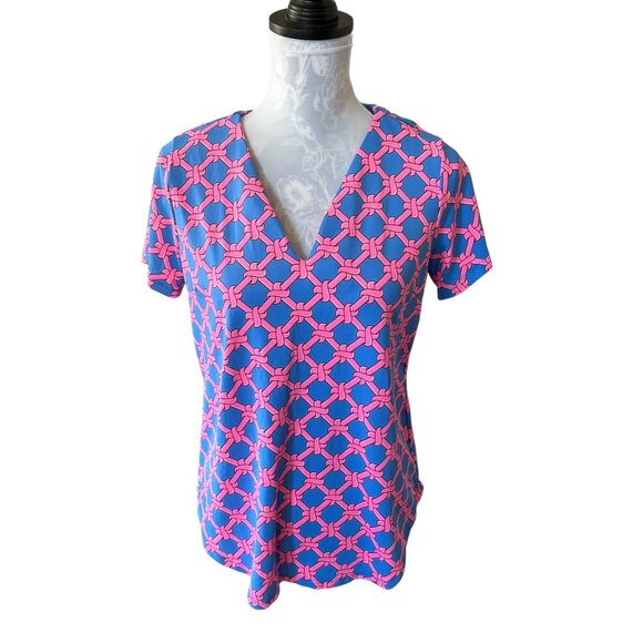 Lulu-B Womens Athletic Shirt Colorful Golf Blue Pink Short Sleeve UPF 50+ Medium - Picture 1 of 4